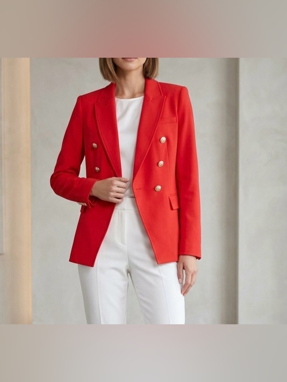 Tahari Red Double Breasted Blazer Gold Button Statement Workwear Preppy Classic